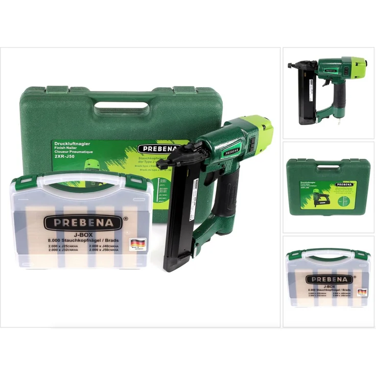 Prebena 2XR-J50 Luftdruck Druckluftnagler im Transportkoffer und J-BOX 8 000 Stauchkopfnägel Brads – Bild 2