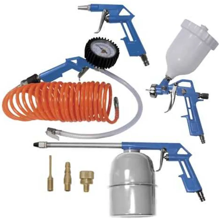 Scheppach 7906100723 8-teiliges Druckluft-Werkzeug-Set, + Farbspritzpistole, Sprüh- und Reinigungspistole, Reifenfüllmessgerät, Ausblaspistole, Spiralschlauch und Düsen