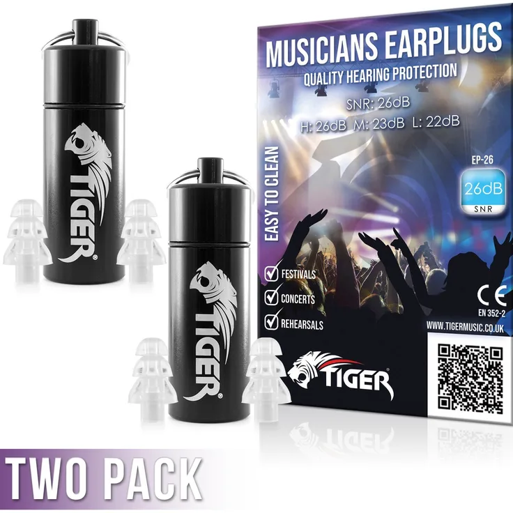 Tiger Musiker Ohrstöpsel Gehörschutz Lärmunterdrückung Ohrstöpsel Festivals, Konzerte, Musik, Clubs Ohrstöpsel mit Tragetasche Standard SNR 26 dB Standard SNR 26dB - Pack of 2 farblos