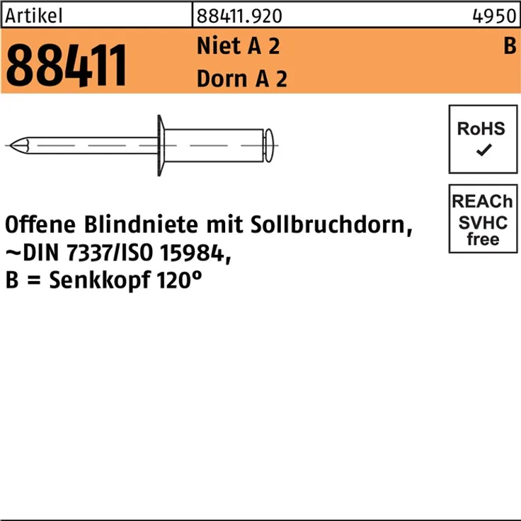 DIVERSE Blindniete R 88411 Senkkopf B 4 x 10 Niet A 2-Dorn A 2