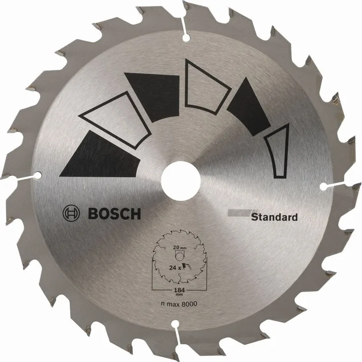 Bosch 2609256B57 Standard-Sägeblatt, 24 Zähne, rund, 184 mm Durchmesser, Bohrung-Bohrung mit Reduktionsring: 20-2,2, 75-16, Schnittbreite: 1,6 mm