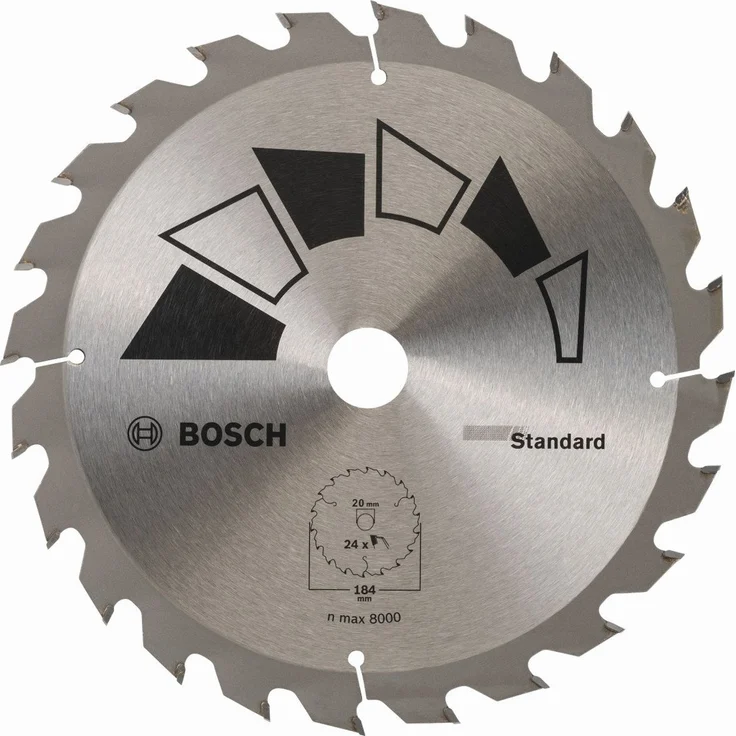 Bosch 2609256B57 Standard-Sägeblatt, 24 Zähne, rund, 184 mm Durchmesser, Bohrung-Bohrung mit Reduktionsring: 20-2,2, 75-16, Schnittbreite: 1,6 mm