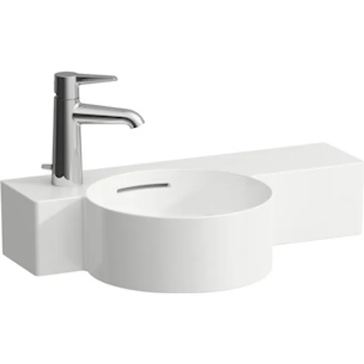 Laufen VAL Handwaschbecken rund, 1 Hahnloch links, mit Überlauf, 550x315, weiß, Ablage rechts, Farbe: Weiß - H8152830001051