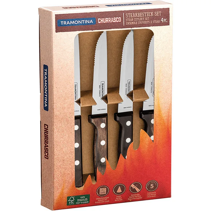 Tramontina 29899-315 Gaucho Steakmesser Grillbesteckset Grillwerkzeug, Edelstahl, 4 Stück