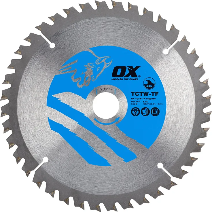OX Tools OX-TCTW-TF-1602040 OX Wood Cutting Thin Kerf Circular 160-20mm, 40 Teeth ATB Saw Blade, Silver-Blue, 160-20 mm