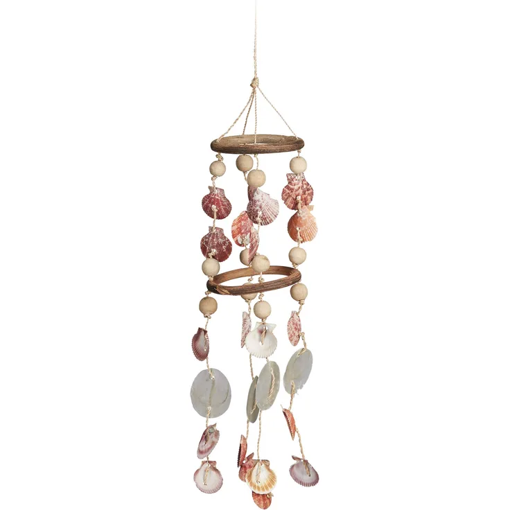 Relaxdays Windspiel mit Muscheln, maritimes Holz Klangspiel für Balkon, Garten, Strand-Deko, Capiz Mobile, 75 cm, Natur