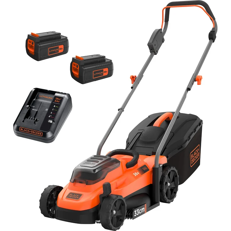 Black+Decker Akku-Rasenmäher BCMW3336L2 (36V, 2.5Ah, 33 cm Schnittbreite, für mittlere Rasenflächen bis 500 m², 5-fache Höhenverstellung, inkl. 2 Akkus, Ladegerät, 35l Fangkorb), Orange-Schwarz - BCMW3336L2-QW – Bild 1
