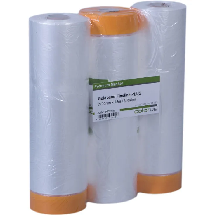 3 x Colorus Goldband Masker Tape PLUS | Malerband mit Malerfolie 270 cm x 16 m | Lackierband mit Folie, Innen und Außen | Selbstklebende Abdeckfolie