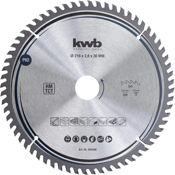 kwb 588268 Tischler-Kreissäge-Blatt, Holz--Hartholz, 216 x 30 mm Schnitte, hohe Zahl, 64 Zähne Z-64, Präzisions-Sägeblatt fein, 216 x 30