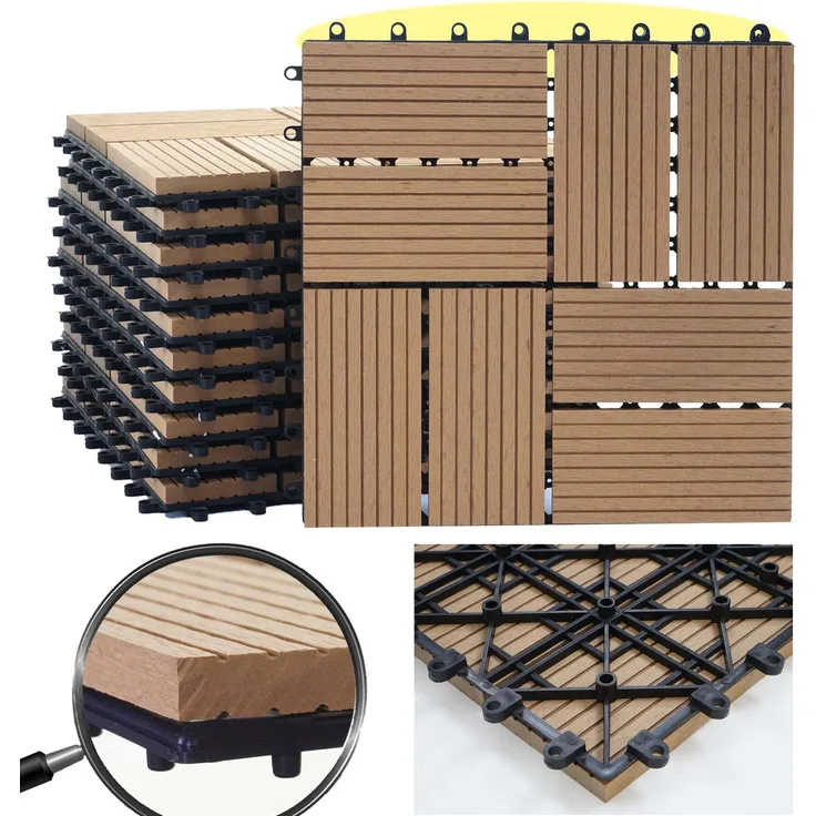WPC Bodenfliese Rhone, Holzoptik Balkon-Terrasse, 11x je 30x30cm 1qm Premium, teak Vierecke