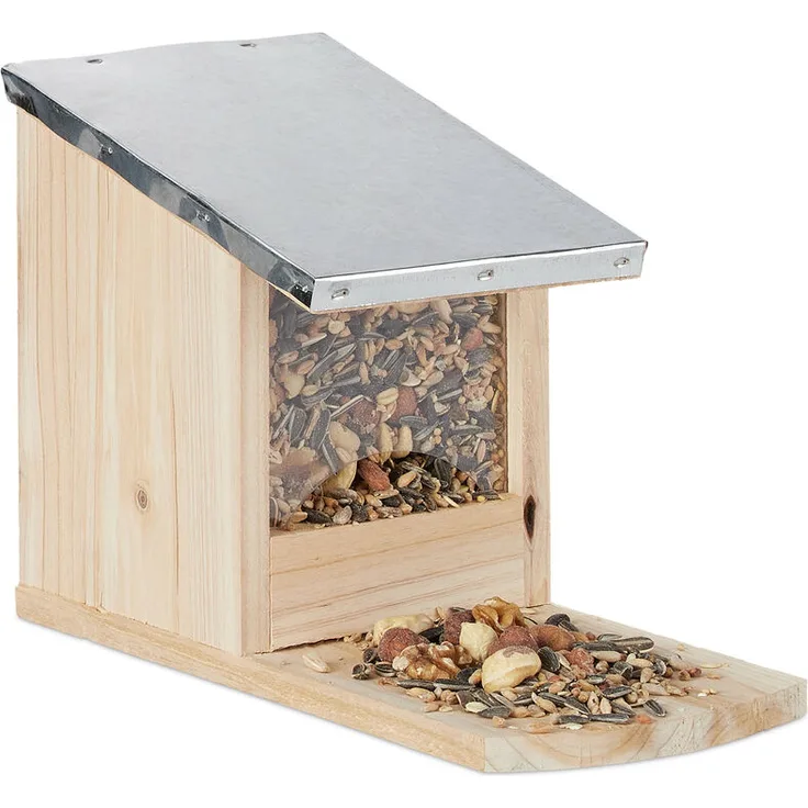 Relaxdays - Eichhörnchen Futterhaus, Futterstelle aus Holz, wetterfestes Metalldach, Eichhörnchen Kobel zum Stellen, natur