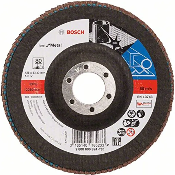 Bosch Professional Fächerschleifscheibe (für Winkelschleifer verschiedene Materialien, bombierte Ausführung, Ø 125 mm, Körnung 80)