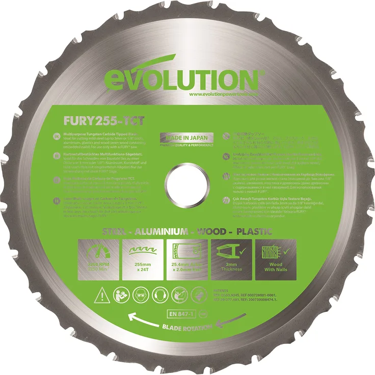 Evolution Power Tools - FURY Mehrzweck-Sägeblatt mit Wolframkarbidbeschichtung, 255 mm