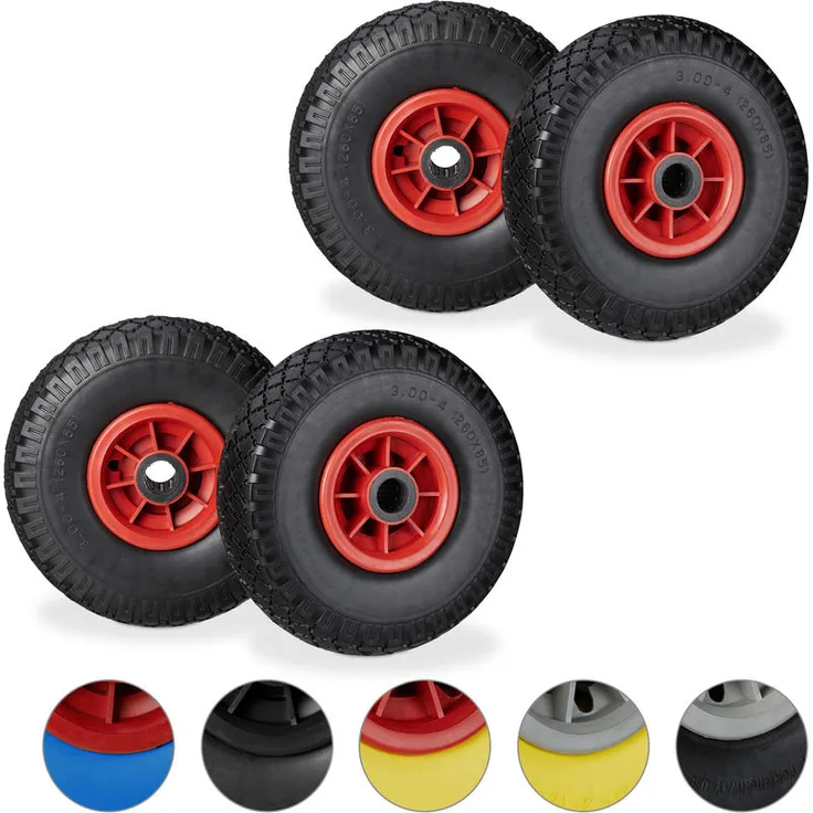 Relaxdays - 4 x Sackkarrenrad im Set, pannensichere 3.00-4' Vollgummireifen, 25mm Achse, bis 80 kg, 260x85 mm, schwarz-rot
