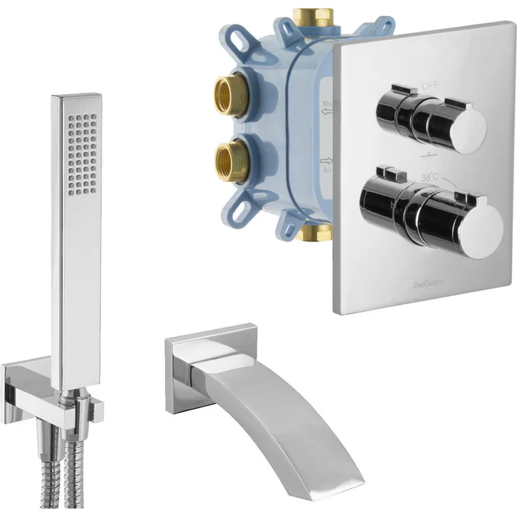 Paulgurkes - Unterputz Thermostat Set für Badewannen Fertigmontage Wasserfall Wanneneinlauf