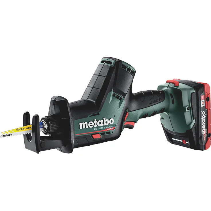 Metabo SSE 18 LTX BL Compact Akku-Säbelsäge 2x LiHD-Akkupacks (18V/ 4,0 Ah), Ladegerät ASC 55, Koffer, Säbelsägeblatt für Holz und Metall - 602366800