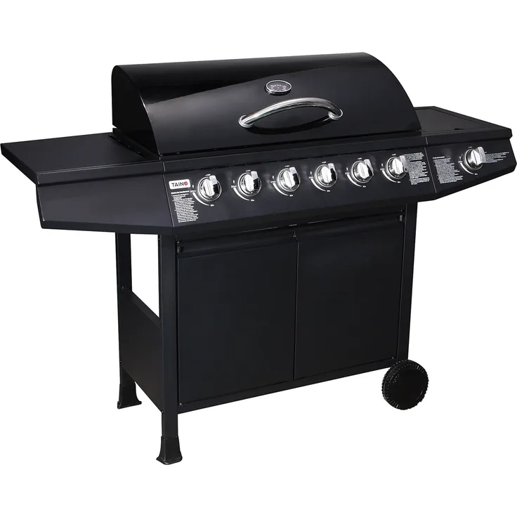 TAINO BASIC 6 Gasgrill mit Seitenbrenner 6 Brenner Edelstahl-Brenner Grillwagen BBQ Schwarz