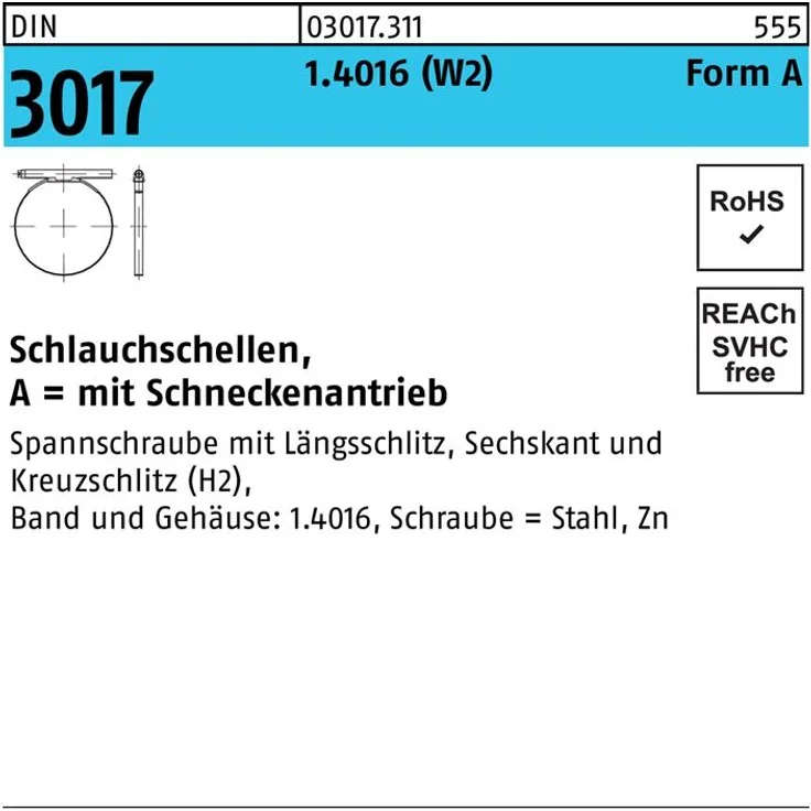 Reyher Schlauchschelle DIN 3017 Form A 16- 27- 9 C7 1.4016 galvanisch verzinkt f.Innen-D.