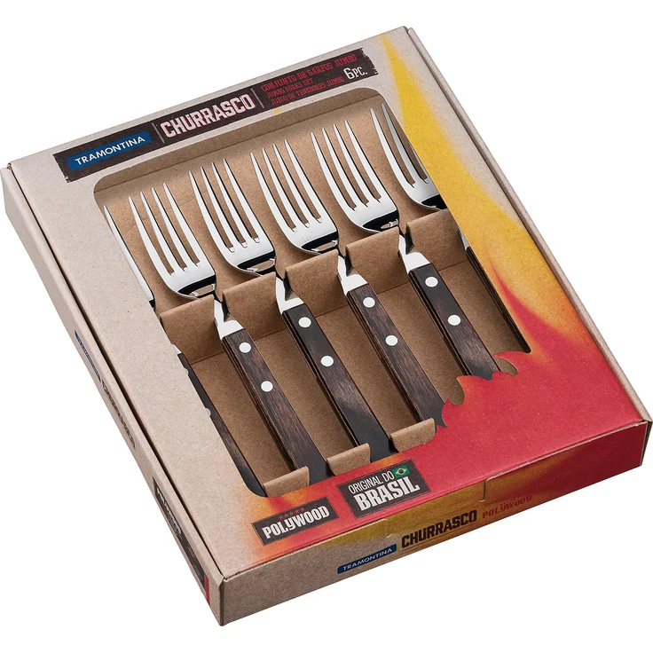 Tramontina Jumbo Steakgabel Set Grillbesteckset Grillwerkzeug, Edelstahl, 6 Stück, braun