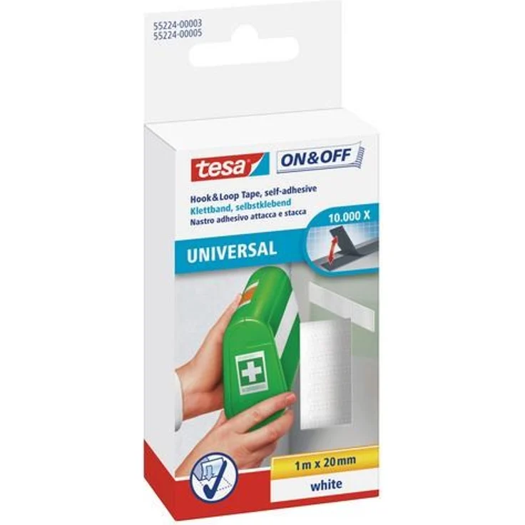 tesa On & Off Klettband zum Aufkleben - Selbstklebendes Klettklebeband zur Befestigung leichter Gegenstände - Weiß, 2 cm x 100 cm – Bild 1