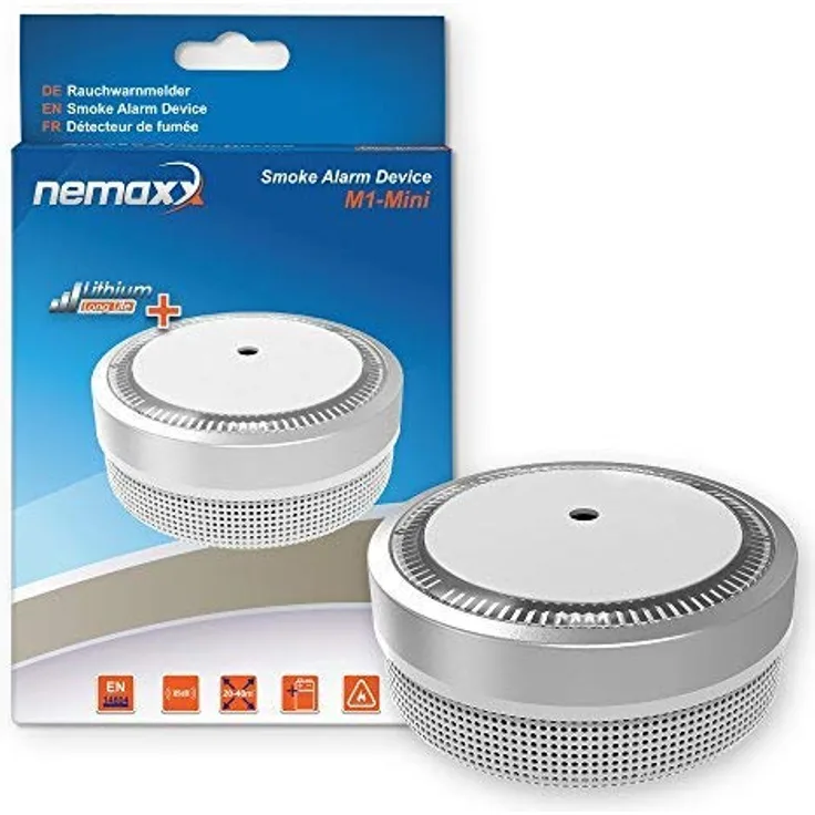 Nemaxx M1-Mini Rauchmelder - sensibler, photoelektrischer Rauchwarnmelder mit Lithiumbatterie Typ DC3V nach DIN EN14604 & - Silber