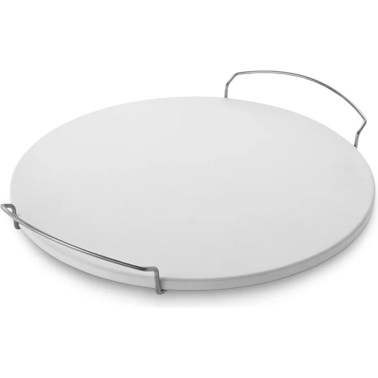 RÖSLE Pizzastein rund, Hochwertiger Pizzastein aus Schamott zur Zubereitung von Pizza, Flammkuchen, Brot usw. auf dem Grill oder im Backofen, verchromte Stahlgriffe, 41 cm