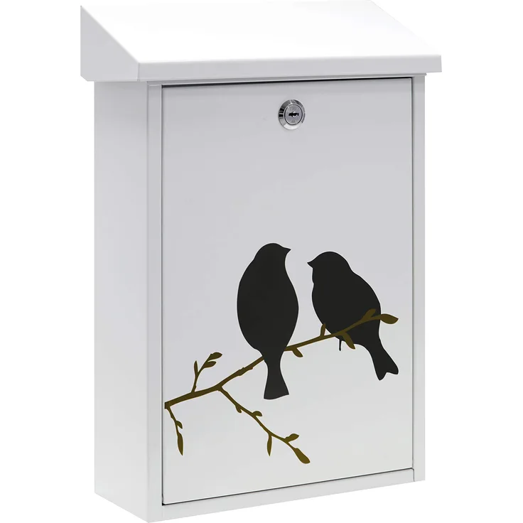 Arregui Premium Graphic E5601-BIR Individueller Briefkasten aus Stahl mit dekorativem Birds, Größe M (DIN A4 und Zeitschriften), Weiß mit Siebdruck, 46 x 27 x 11 cm