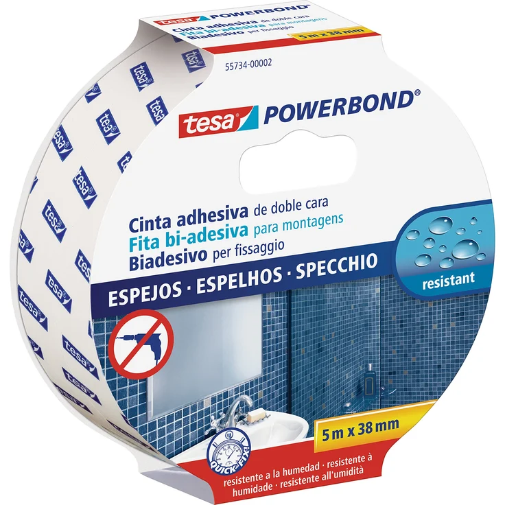tesa Powerbond MIRROR - Doppelseitiges Montageband zur Fixierung von Spiegeln - Feuchtigkeitsbeständiges Klebeband für Bad und Dusche - 5 m x 38 mm – Bild 1