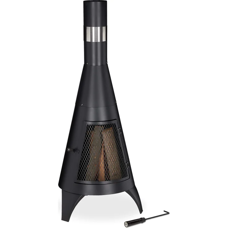 Relaxdays Terrassenofen mit Funkenschutz Tür, dekorative Feuerstelle für Holz, Gartenofen, HxD: 120x45cm, Stahl, schwarz – Bild 1