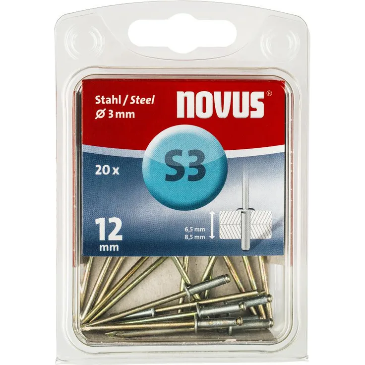 Novus Stahl-Blindnieten mit 12 mm Länge, 20 Nieten, Ø 3 mm, 6.5 - 8.5 mm Klemmlänge, zur Befestigung von Stahlblechen