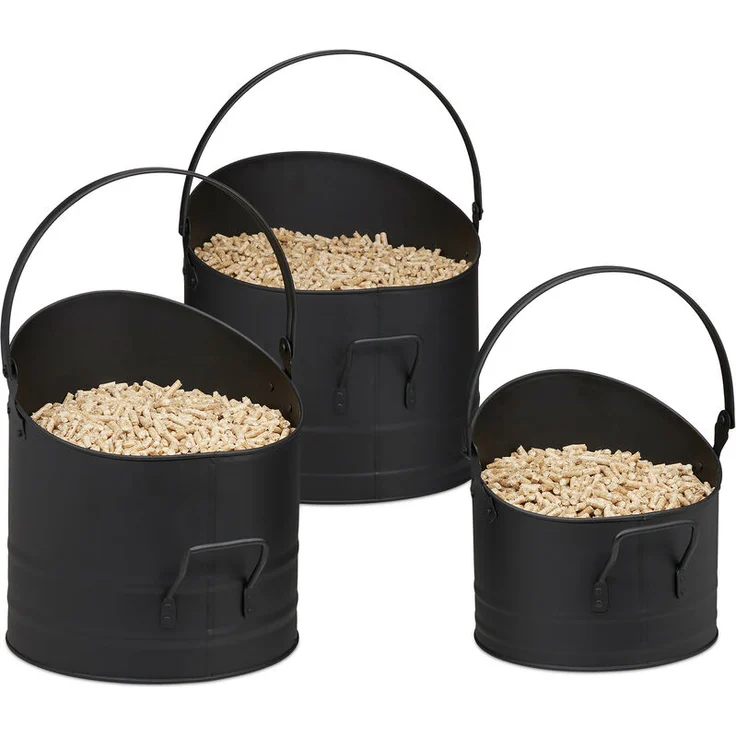 Pelleteimer 3er Set, je 21, 25 & 30 cm, Griff & klappbarer Henkel, Metall Kohleeimer, Kaminzubehör, schwarz
