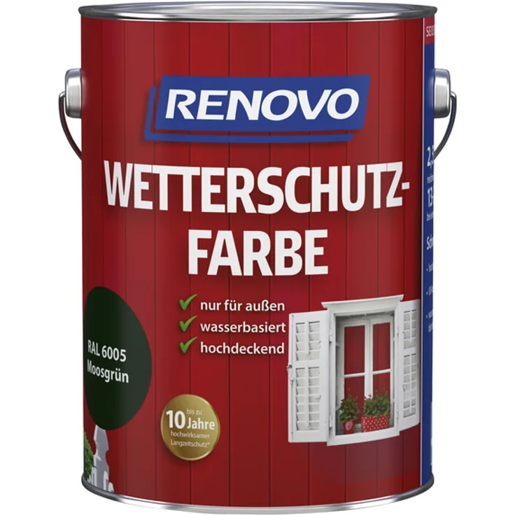 Renovo - Wetterschutzfarbe für außen, 2,5 l, Moosgrün, seidenglänzend - grün