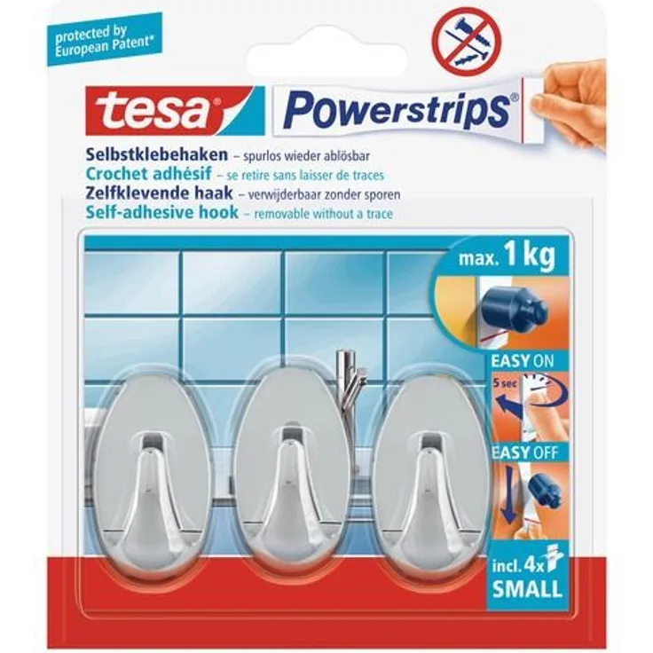 tesa selbstklebende Haken, bis 1kg, wieder ablösbar, oval, chrom, 3 Stück