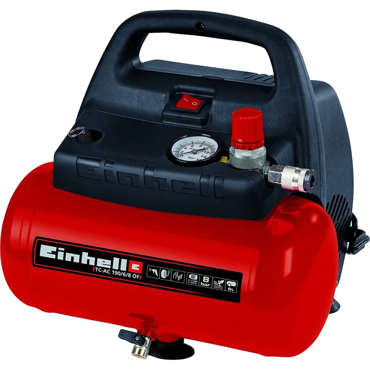 Einhell Kompressor TC-AC 190-6-8 OF ölfrei 1.100 W, max. 8 bar, öl-servicefreier Motor, 6 Liter Drucklufttank, Manometer, Schnellkupplung, Sicherheitsventil, Handgriff