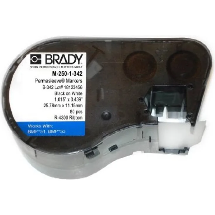 Brady, M-250-1-342, Permasleeve, wärmeschrumpfendes Polyolefin, Schwarz auf Weiß, 25,78 x 11,15mm, f. Durchmesser v. 2,39 - 5,46mm (80 E.) (143228)