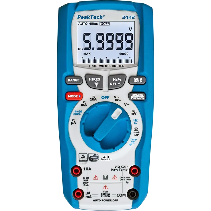 PeakTech P 3442 True RMS Digital Multimeter für Elektriker mit 60000 Counts und 4.0 Bluetooth, Profi-Handmultimeter, Auto-Hold, -GS, Spannungsmesser, Durchgangsprüfer, Messgerät - CAT III 1000V