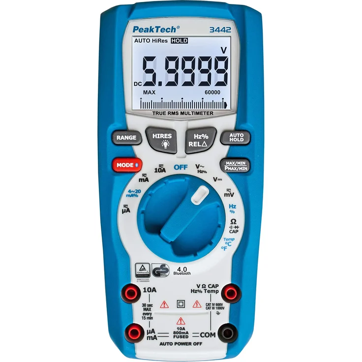 PeakTech P 3442 True RMS Digital Multimeter für Elektriker mit 60000 Counts und 4.0 Bluetooth, Profi-Handmultimeter, Auto-Hold, -GS, Spannungsmesser, Durchgangsprüfer, Messgerät - CAT III 1000V