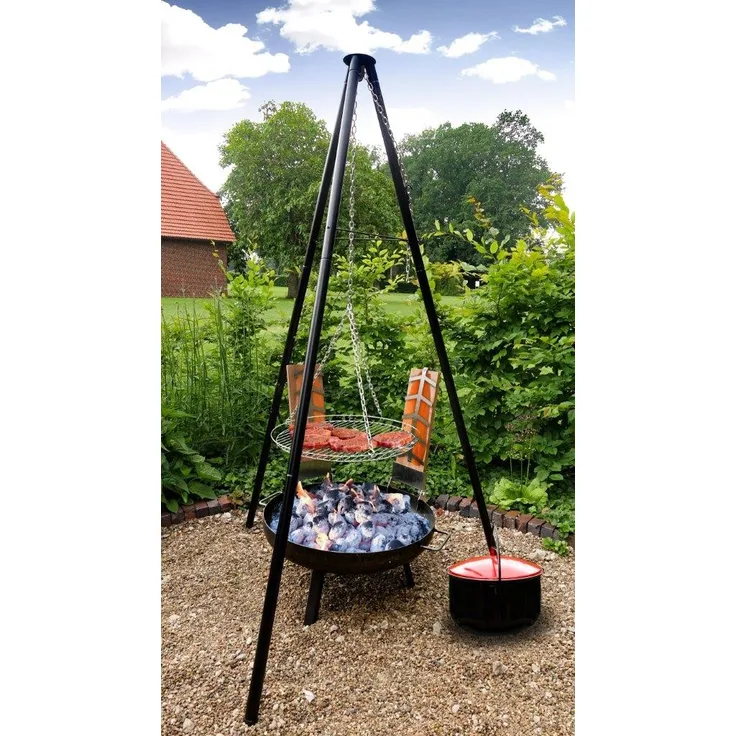 Multi-Grillset Holzkohlegrill Oslo 4 in 1, Dreibein-Grill mit Topf, 180 x 65 x 65 cm, Grillfläche 55 cm
