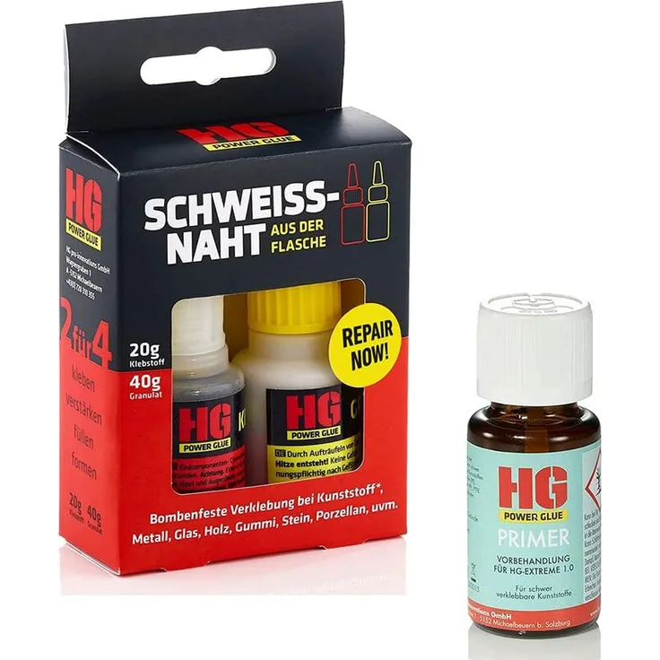HG POWER GLUE Kunststoff-Kleber-Set L Die Schweißnaht aus der Flasche mit Primer für PP, PE, Silikon Klebt Kunststoffe Plastik, Gummi, Stein, Keramik, Metall