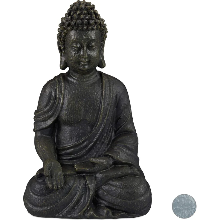 Relaxdays Buddha Figur sitzend, 30 cm, Gartenfigur, Dekofigur Wohnzimmer, Keramik, wetterfest, frostsicher, dunkelgrau – Bild 1