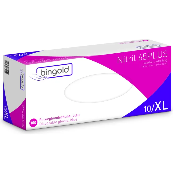 BINGOLD Einmalhandschuhe Nitril 65PLUS, blaue Nitrilhandschuhe, Größe XL, 100-er Pack