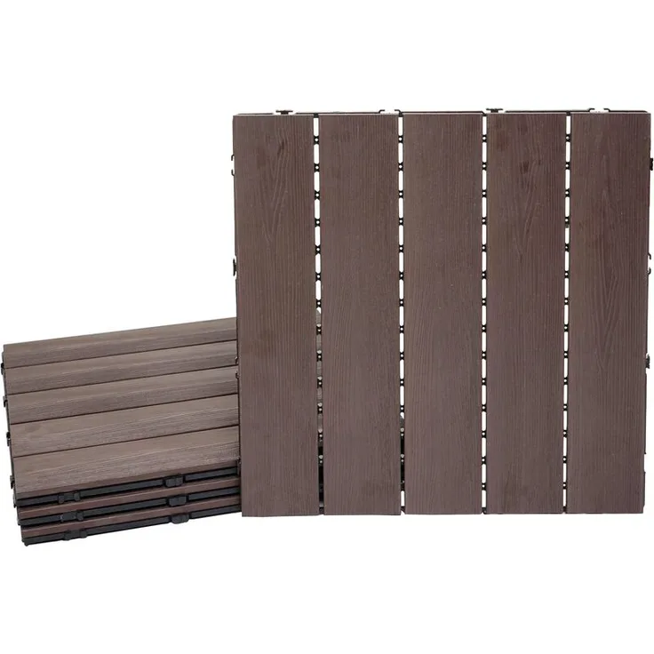 WPC Bodenfliese HHG-169, Holzoptik Balkon-Terrasse, 3D-Struktur linear 4x je 50x50cm 1qm, geprägt dunkelbraun