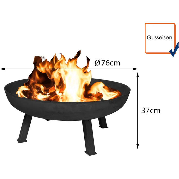 Große Gusseisen Feuerschale modern 75cm offene Feuerstelle im GartenFEUERSTELLE
