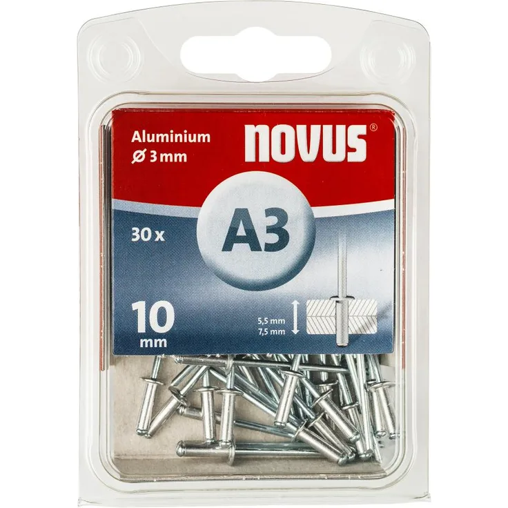 Novus Aluminium-Blindnieten 10 mm, 30 Nieten, Ø 3 mm, 5.0-7.5 mm Klemmlänge, zur Befestigung von Nichteisen Metall