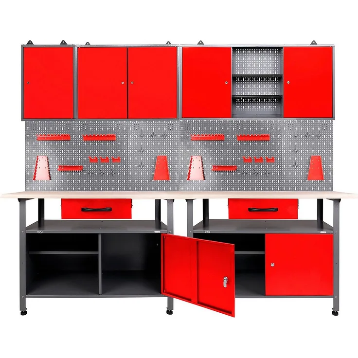 ONDIS24 Werkstatt-Set 2x Werkbank, 2x Werkstattschrank, 2x Lochwand