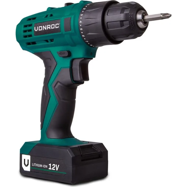 Vonroc Akku-Bohrer ? 12 V ? Akku, Schnellladegerät und 2 Schraubbits