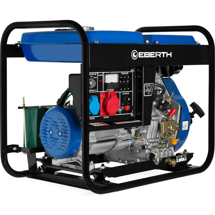 Eberth - 5000 Watt Diesel Stromerzeuger (E-Start, 10 PS 4-Takt Dieselmotor, Ölmangelsicherung, Automatischer Voltregler AVR, 1-Phase, 2x 230V, 1x