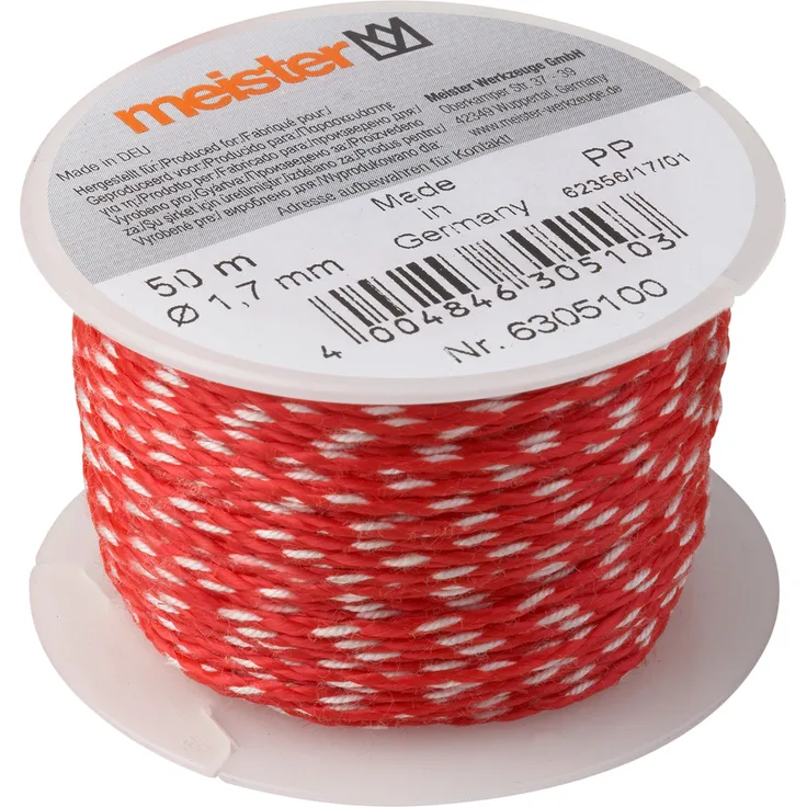 Meister Maurerschnur rot-weiß - 50 m Länge - Ø 1,7 mm - Polypropylen - Knotenfest - Reißfest & Belastbar - Auf Spule - Richtschnur - Bauschnur - Lotschnur - Pflasterschnur - 6305100