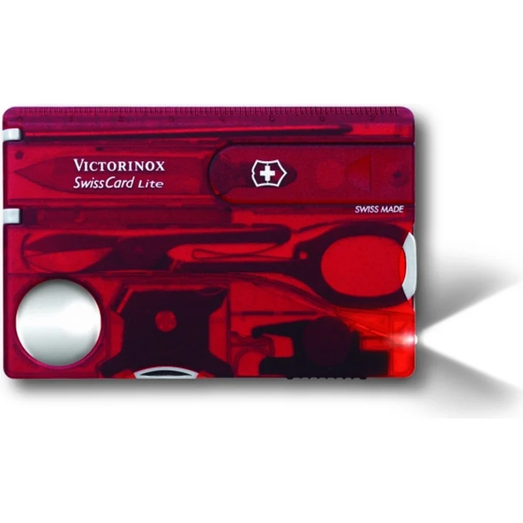 Victorinox Taschenmesser Swiss Card Lite (13 Funktionen, LED-Licht, Lupe) rot transparent – Bild 1