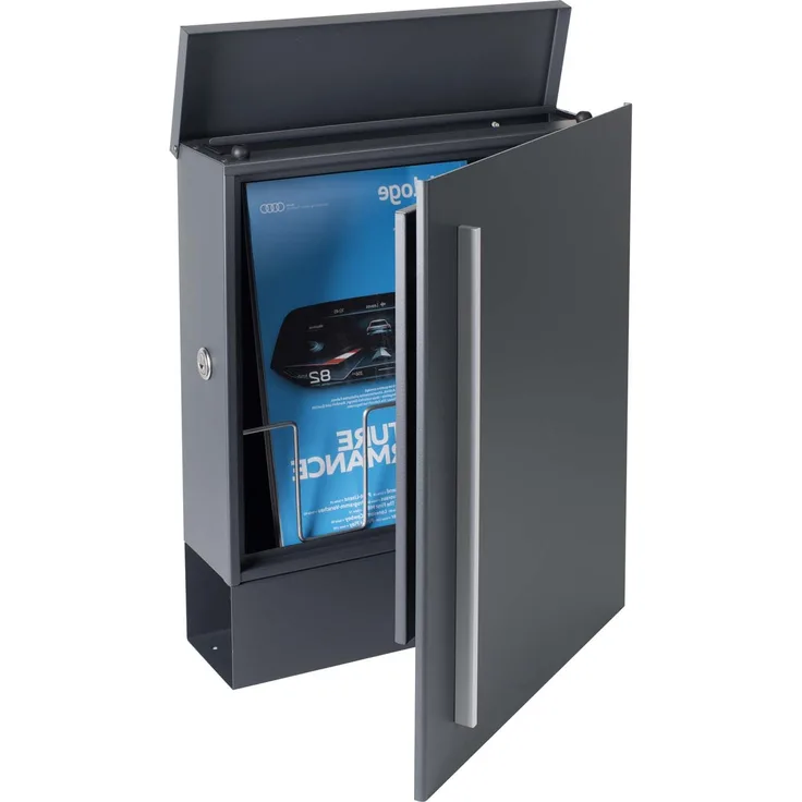 MOCAVI Box 110R Design-Briefkasten mit Zeitungsfach anthrazit-grau (RAL 7016) Wandbriefkasten, Schloss links, groß 12 Liter